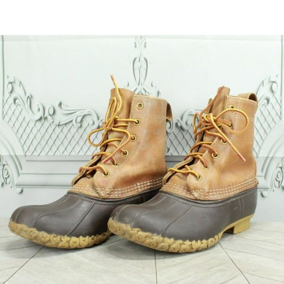 LL Bean Brown Leather Lace Up Unlined Ankle Duck Boots Size 7 Medium - Picture 2 of 9